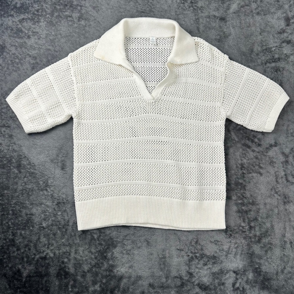 Old Navy Womens Medium Cream Knit Polo Sweater Short Sleeve Open Knit V-Neck